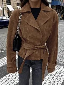 Women's New Solid Color Autumn Winter Lapel Casual Jacket, Fashion Casual Outerwear, Thick Woven Fabric, Fitted Style, Perfect for Spring & Fall Seasons