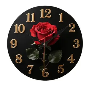 1pc Red Rose on Black Background Wall Clock Decor - 10 Inch Wooden Round Silent Non-Ticking Clock with Golden Hands & Digital Display, Battery Operated (AA Not Included) for Home, Kitchen, Bathroom, P