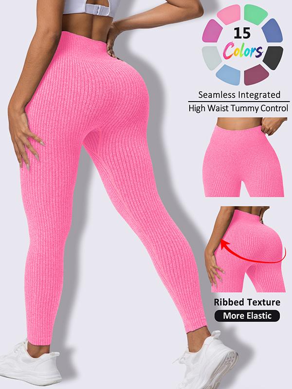 Fashion Candy Colors Women High-Waisted Butt-Lifting Tummy-Control Leggings, Soft Comfortable Breathable Elastic Ribbed Texture Sport Pants, Gym Workout Yoga Fitness Leggings, Suitable For Casual and Versatile Styles, Everyday Wear Must-Have For Wardrobe