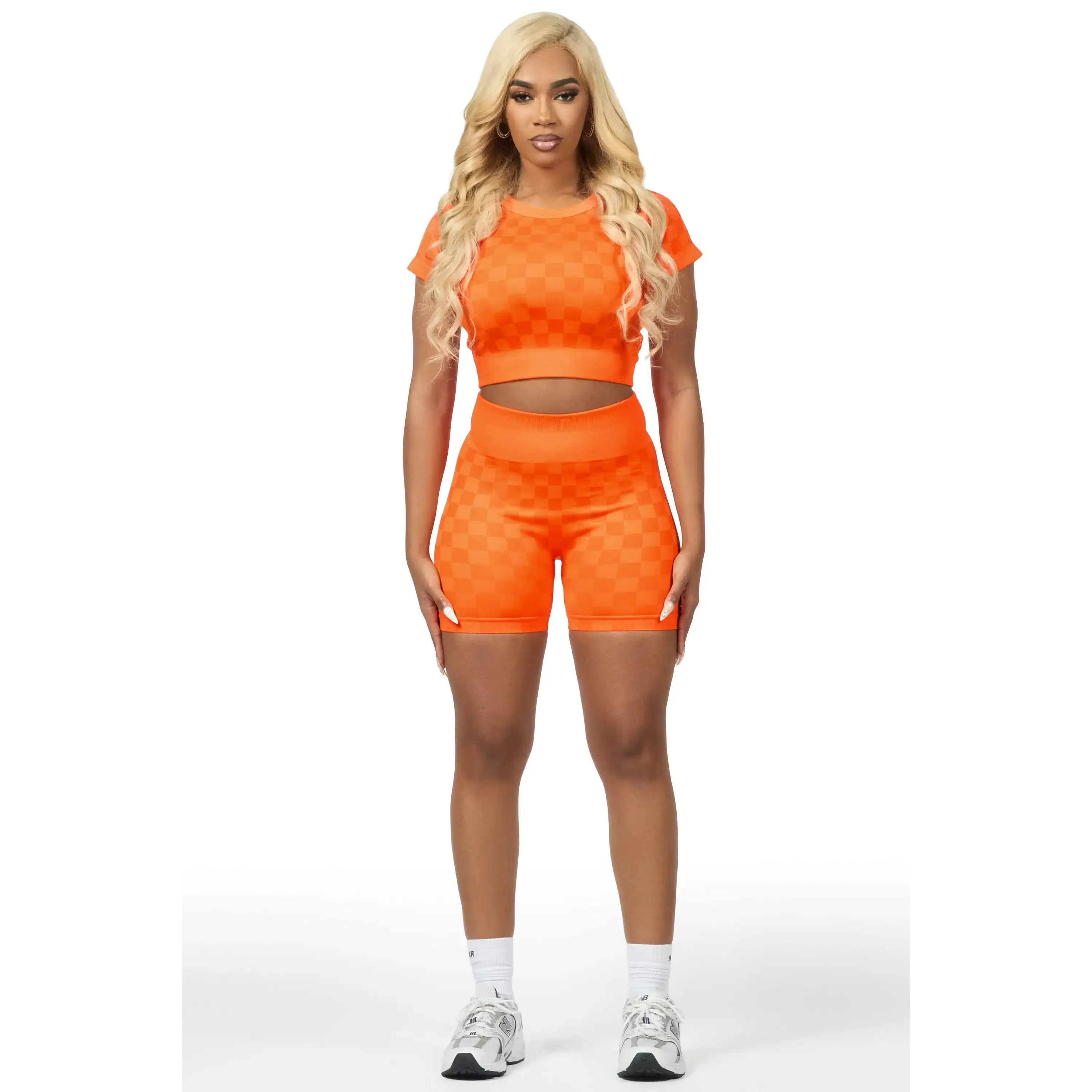 Adrianna Orange Checkered Bike Short Set