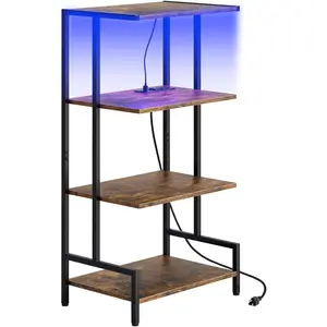 4-Tier AV Media Stand with Power Outlet and LED Lights,Wooden Stereo Stand Cabinet, Console Shelf for Small Space,Audio Rack Stand Tower Ideal for Video DVD Players,