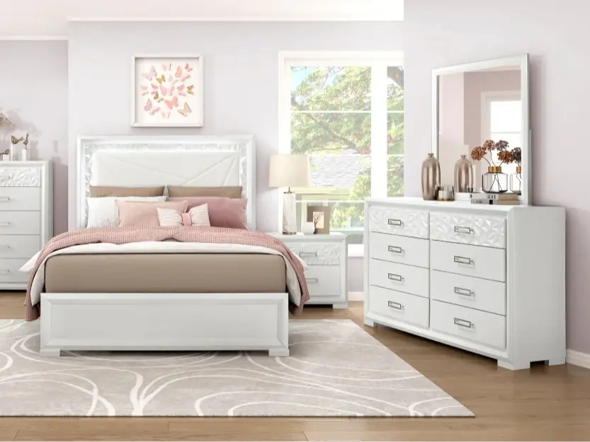 Luna Pearl White Queen Bedroom Set with LED Accent Lighting – 2469-4PC