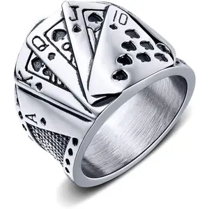 Stainless Steel The Queen King of Card Poker Mens Womens Ring Silver