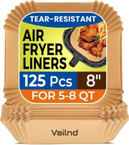 Vailnd Air Fryer Paper Liners, 125Pcs Parchment Paper, Air Fryer Liners Disposable for Microwave, Non-Stick Air Fryer Liner Square Free of Bleach (8IN)