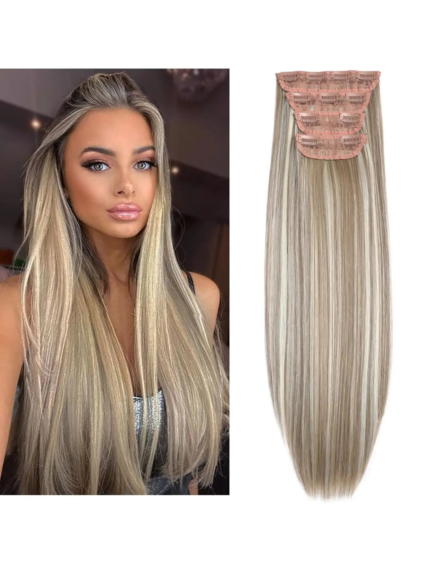 Clip-In Salon Hair Extensions 4pcs Set 20inch - Thick Double Weft Balayage Synthetic Straight Hair for Women, Heat-Resistant Fiber, Synthetic Soft Hairpieces