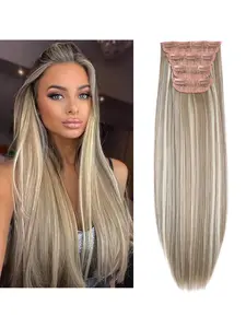 Clip-In Hair Extensions 4pcs Set 20inch - Thick Double Weft Balayage Synthetic Straight Hair for Women, Heat-Resistant Fiber, Synthetic Soft Hairpieces