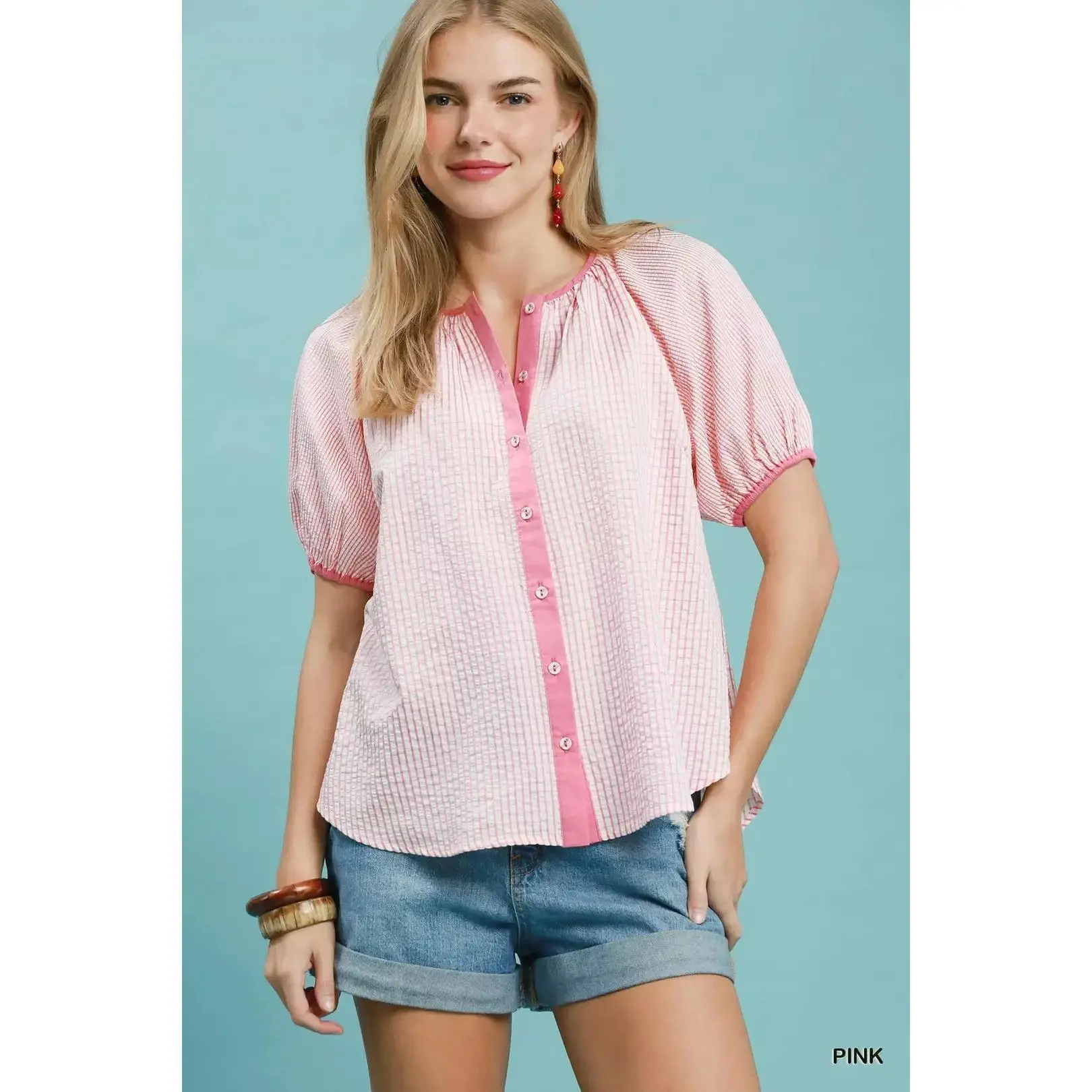 Umgee Checker Puff Sleeve Button Front Blouse