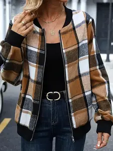 YYTK2025DEC015 Women's Sima Jacquard Plaid Flannel Jacket, Zipper Design, Fashion Casual Long Sleeve Cardigan, Fall Clothing with Pockets,Chaqueta bomber a cuadros para mujer, chaquetas de franela con cremallera, ligera, demanga larga, casual,
