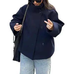 Women’s Pea Coat Wool Blend Short Jacket, Loose Casual Winter Outerwear, Long Sleeve