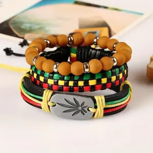 5Pcs Colorful Reggae Style Stackable Bracelets Set Red Yellow Green Black Wood Beaded Wristband Boho Ethnic Hand Jewelry Gifts