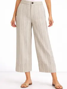 Women's Ivory Striped Cropped Wide Leg Pants – Lightweight Resort Trousers
