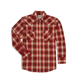 Men's Ely Cattleman Long Sleeve Metallic Thread Plaid Western Snap Shirt- Red & Turquoise