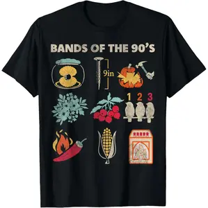 Classic 90s Music Band Tees Featuring Retro Rock Styles and Humorous Designs