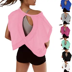 Kingapril SummerVibes Women Short Sleeve Workout Shirts Open Back Tops Casual Yoga Y2k Athletic Gym Slouchy Crop Running Tees