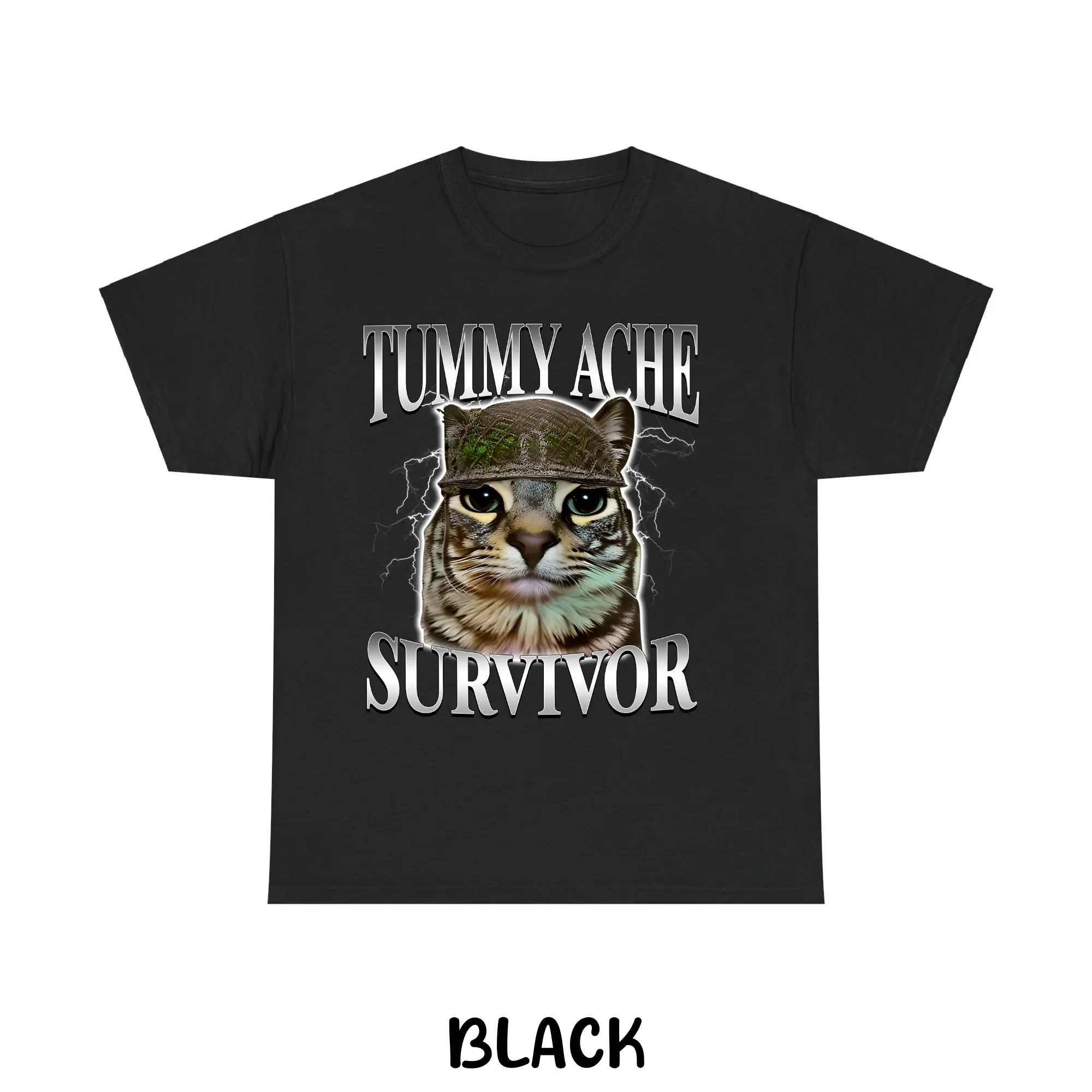 Funny Cat T-Shirt with Tummy Ache Survivor Graphic, Classic Retro Cotton Top for Men and Women, Casual Gag Gift for Day Wear