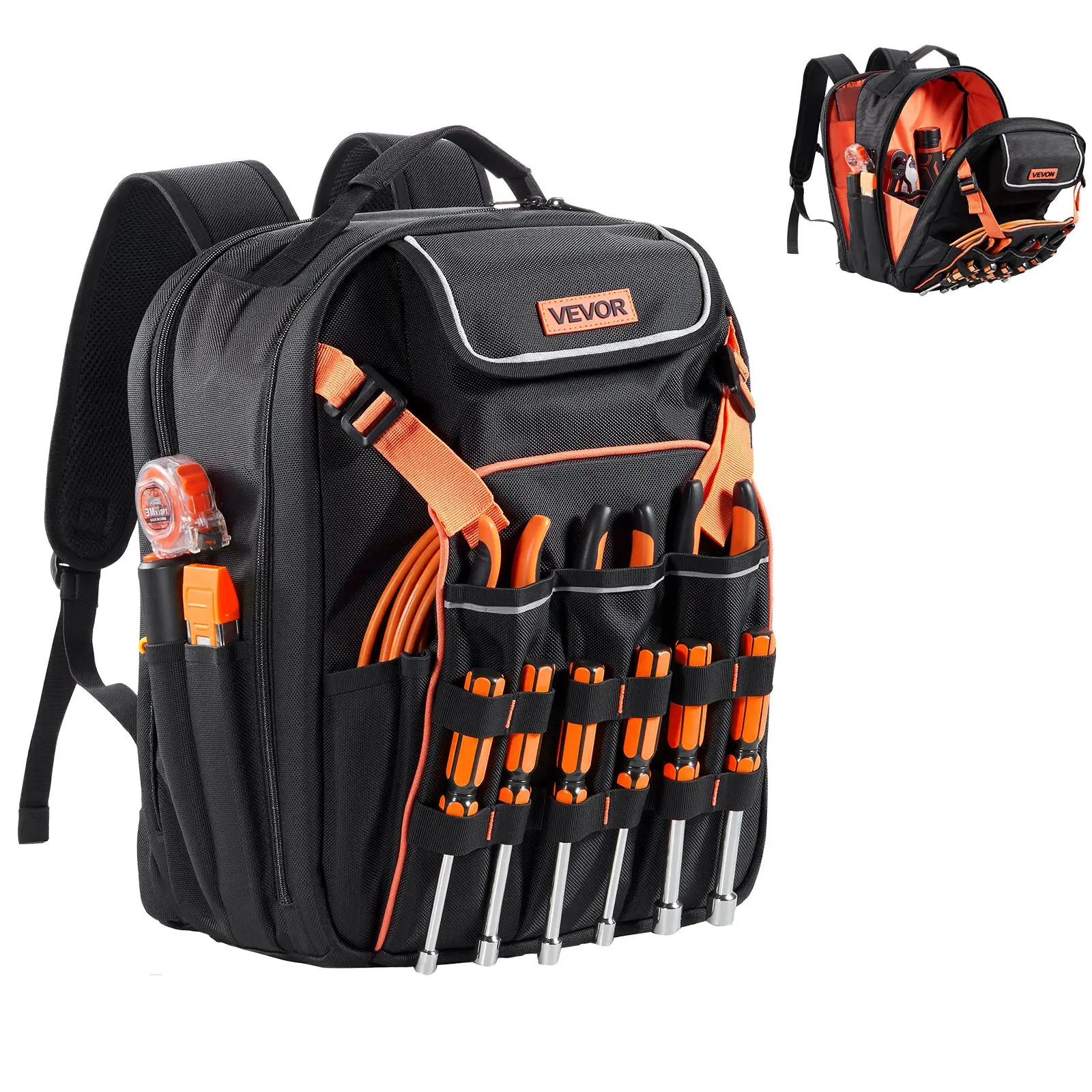 VEVOR Heavy-Duty Polyester Tool Backpack, 45 Pockets, Oxford Fabric Organizer with 13x8.66x17.3 In Laptop Compartment, Padded Removable Divider, Reinforced Base, Charging Port, Top Handle, Reflective Strips, 3.92 Lbs Work Bag for Electricians, 13 X 8.66 X