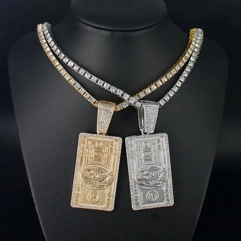MaxBling81 Men's Hip Hop Necklace with Large Trendy $100 Bill Pendant, Gold or Silver Plated Iced Out 4.5mm CZ Tennis Chain, Multi-Length 18-24 Inch, Exquisite Trendy Pendant, Large Pendant