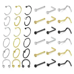 18G Nose Rings for Women Nose Rings Studs 36Pcs/set Stainless Steel L-Shaped Nose Studs Screw Nose Piercing Jewelry 10mm