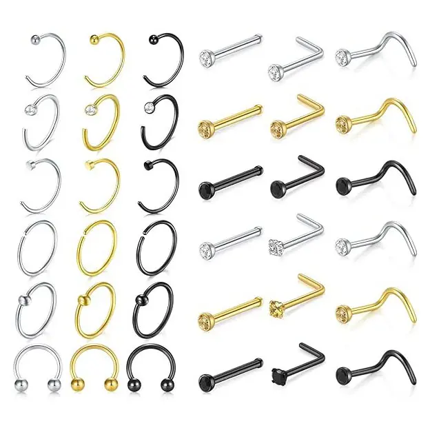 18G Nose Rings for Women Nose Rings Studs 36Pcs/set Stainless Steel L-Shaped Nose Studs Screw Nose Piercing Jewelry 10mm