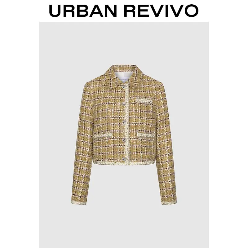 URBAN REVIVO Women's Elegant Tweed Jacket, Thick Long-Sleeve Button-Up Outerwear for Versatile Everyday Casual Fashion