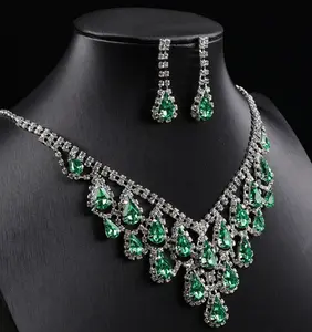 Emerald Green Crystal Necklace & Earrings Set, Evening Party Jewelry