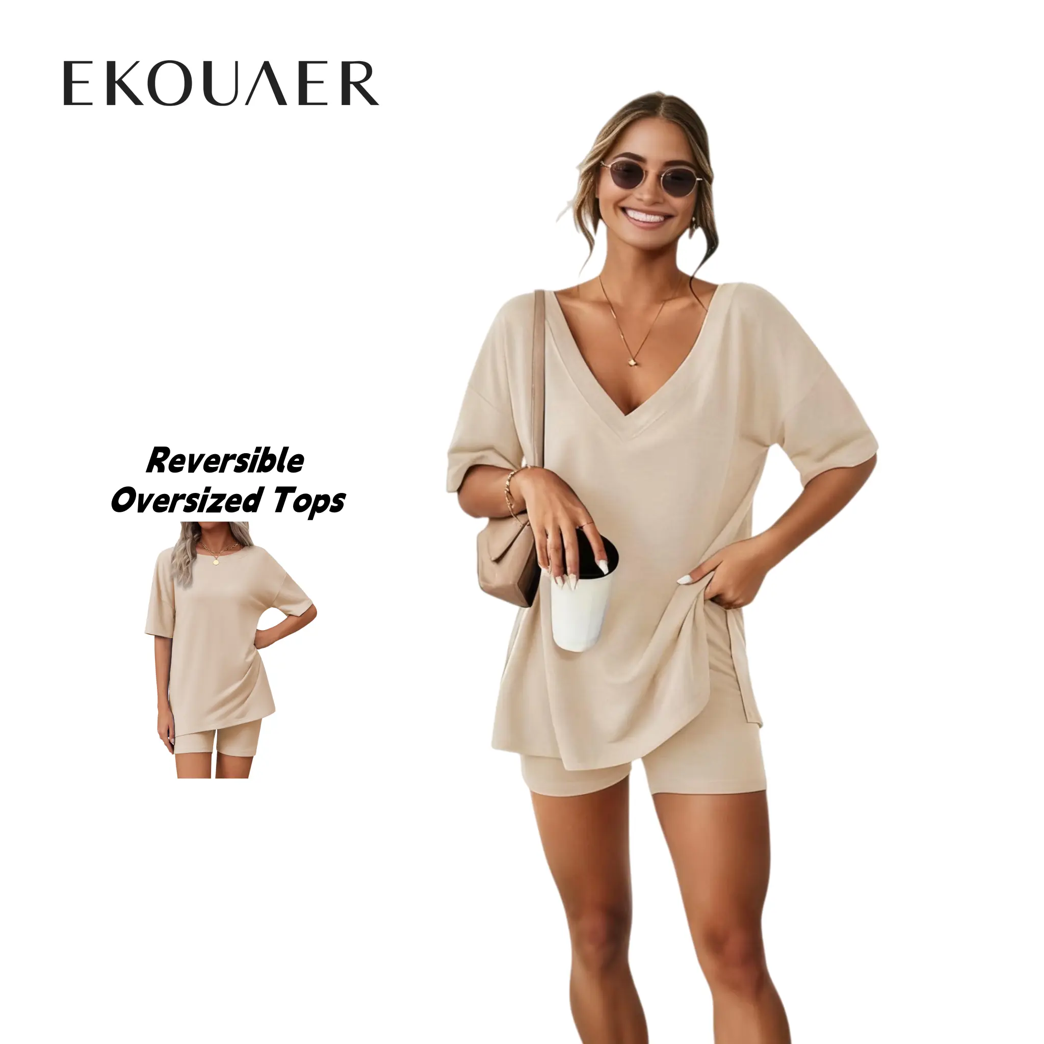 EKOUAER V-neck Two-Piece Pajama Set For Women Summer Casual Oversized Split Hem Shirts & Biker Shorts Minimalist Lounge Wear Soft Homewear Cozy Pjs Clothes Comfy