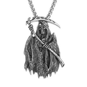 HZMAN Santa Muerte Necklace for Men Stainless Steel Gothic Grim Reaper Saint Death Sickle Skull Pendant Necklace Jewelry Gift