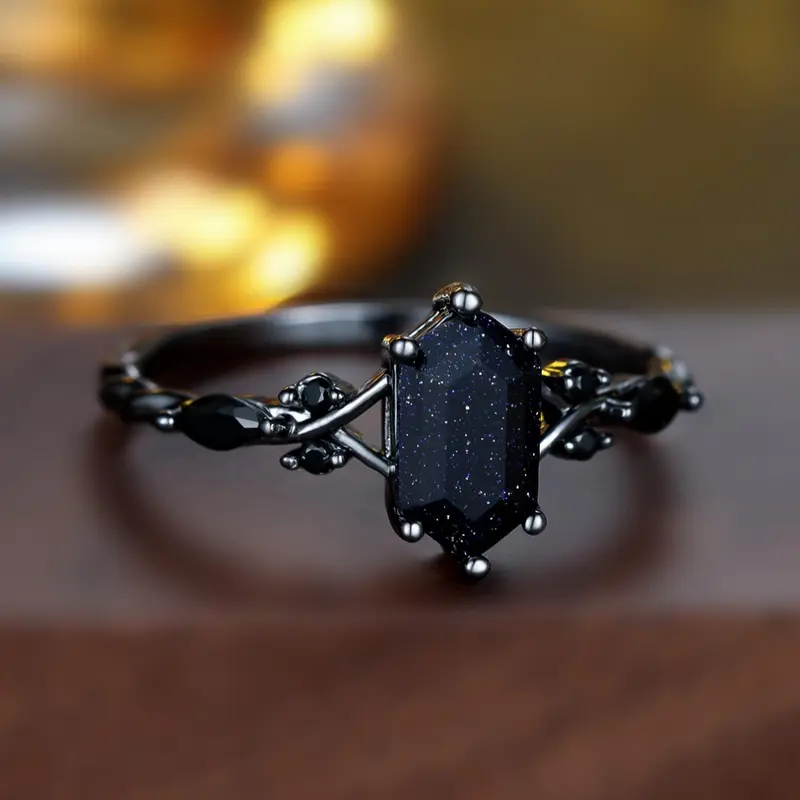 Elegant Black Ring, Vintage Ring with Rhombus-Shaped Artificial Crystal, Women's Band Ideal for Birthdays, Anniversaries and Daily Wear, Elegant Fashion Rings, Geometric Rings, Anniversary Ring, Sparkling Rings, Geometric Design Ring, Jewelry Rings