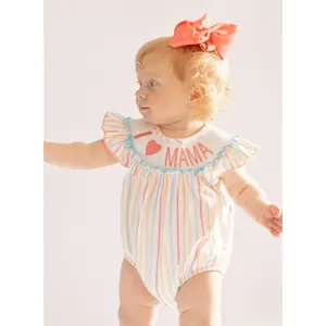 Striped "I Love Mama" Smocked Bubble Romper