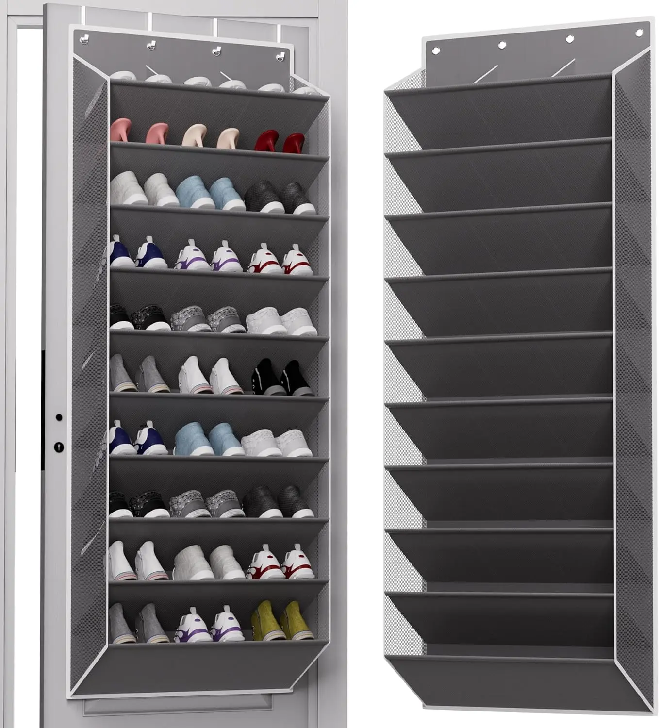 TAHAVICE Door-Mount Hangable Over-the-Door Shoe Rack Organizer - 10-Tier Rectangle Oxford Fabric Footwear Storage with Deep Pockets for 30 Pairs, Foldable Durable Closet Storage Holder (Fits Glasses Too)