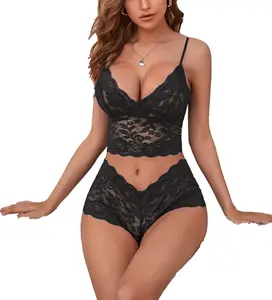 Sexy Sheer Floral Lace Pajamas Lingerie Set High Waist Sleepwear Bra and Panty 2 Piece Nightwear Bodysuits Loungewear