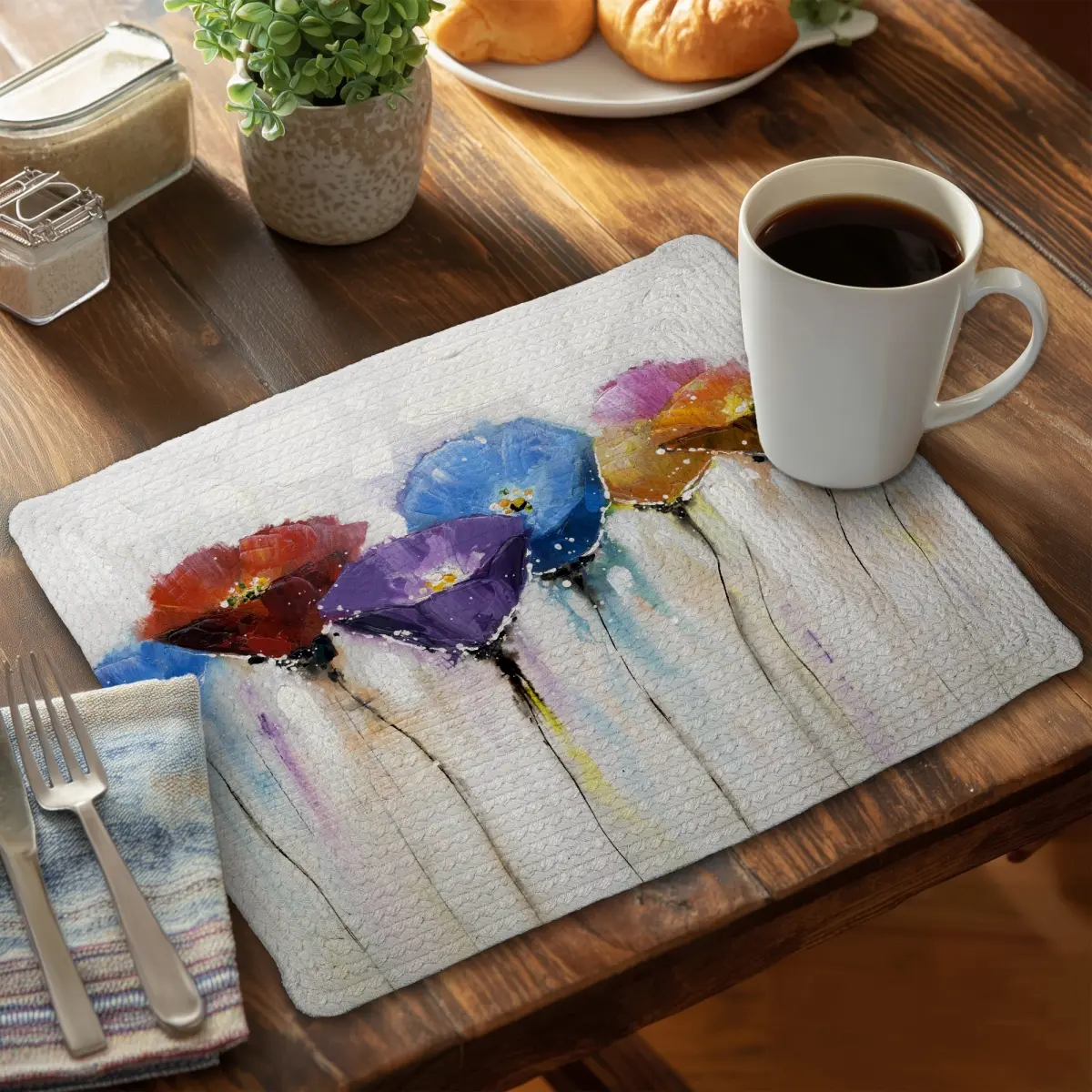 360 stand Rectangular Placemats & Coasters Set of 4 - 14x18 in Colorful Blooms Vibrant Print Braided Polyester, Coffee Table Kitchenware Home Decor, Tableware, Rectangle, 14" X 18", Coffee Placemats & Coasters, Cloth Placemats & Coasters