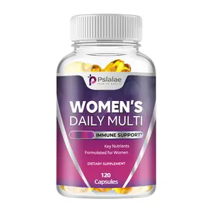 Pslalae Women's Daily Multivitamin Capsules, 120 capsules, contains vitamins A, B12, C, D3, zinc, and biotin to support women's health.