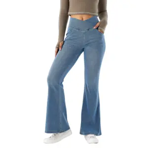 SHAPUM High Waisted Crossover Pocket Jeans for Women Casual Yoga Inspired Washed Denim for Comfort and Style JN007