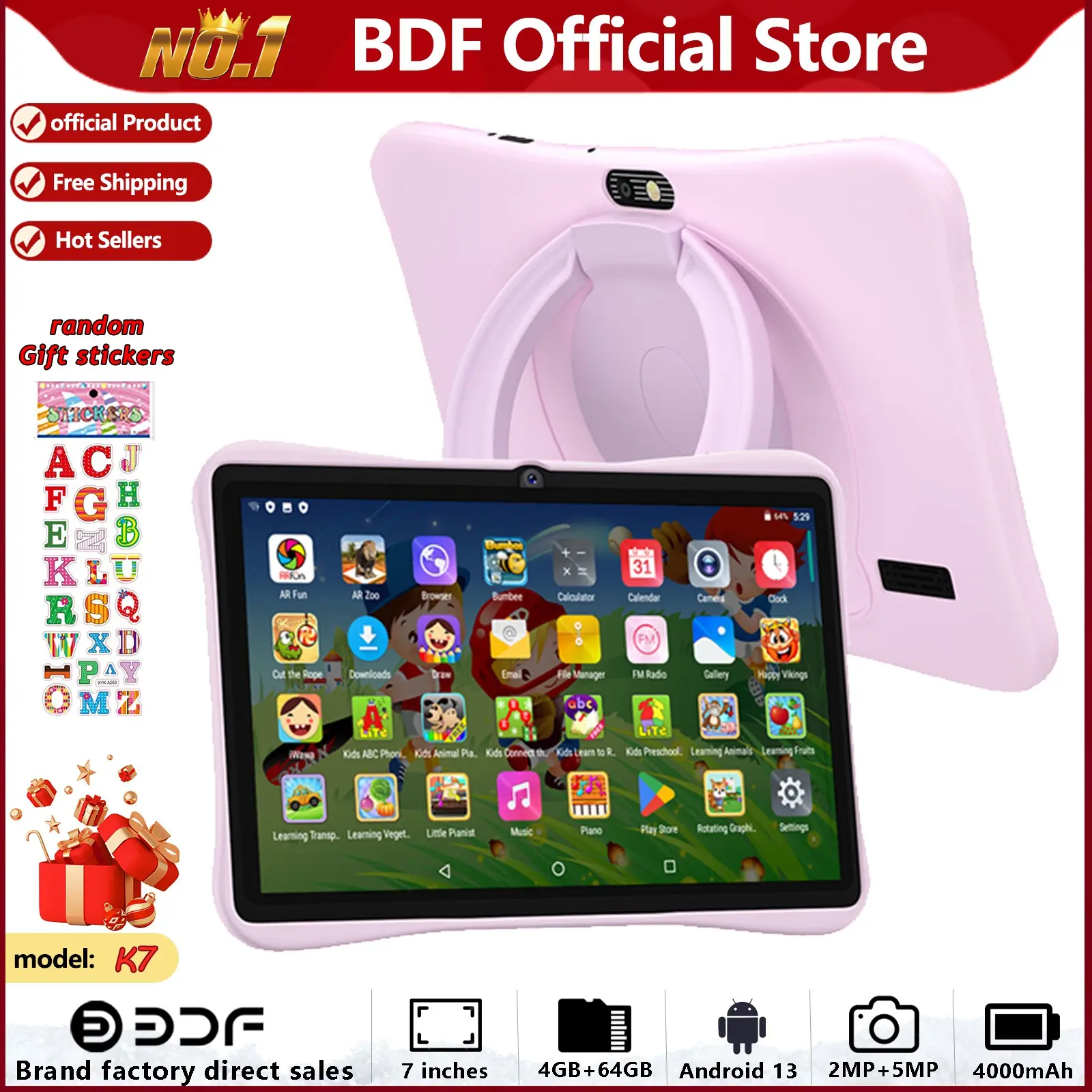 Tablet, Android Electronic Tablet, 7-Inch, 4GB RAM + 64GB Storage, Android 13 Os, WiFi, Screen Protector, Parental Control Software, Educational Apps, Toddler Tablet, Learning Tablet