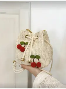 Summer Straw Beach Bag Minimal Cherry Color Crossbody Tote Handbag Fashion New Single Shoulder Bucket Bag for Commute Fashionable Daily Crossbody