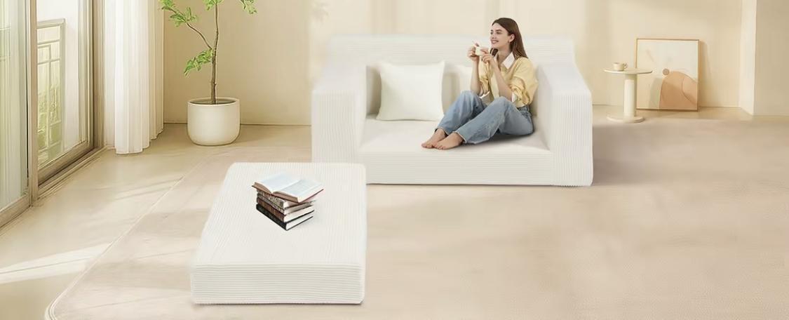 Winzoo 3-in-1 Corduroy Convertible Sofa Bed, Folding Futon with 4 Pillows & High-Density Foam