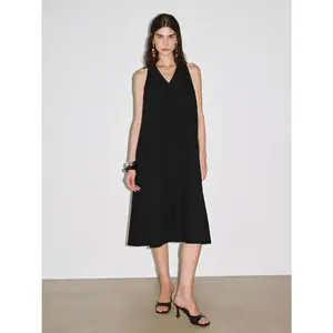 URBAN REVIVO Women's Polyester-Cotton Thin V-Neck Sleeveless Ruched Swinging Casual Dress, Minimalist Neutral-Colored Casual Wear for Spring, UWH760010, Neutral-Colored Casual Dresses