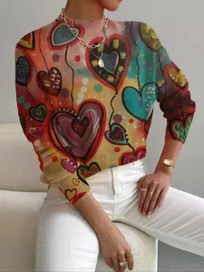 Women's Knitted Sweater with Heart Print, Color Block & Tie Dye Design, Casual Elegance for Daily Wear, Perfect Gift for Valentine's Day