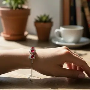 Elegant 925 Silver Red Stone Bracelet with Delicate Chain and Floral Design