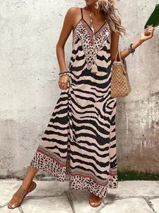 1Piece Women's Loose Spaghetti Strap Summer Dress, Zebra-Leopard Print Patchwork Design, A-Line Silhouette, Bohemian Casual Style, Womenswear