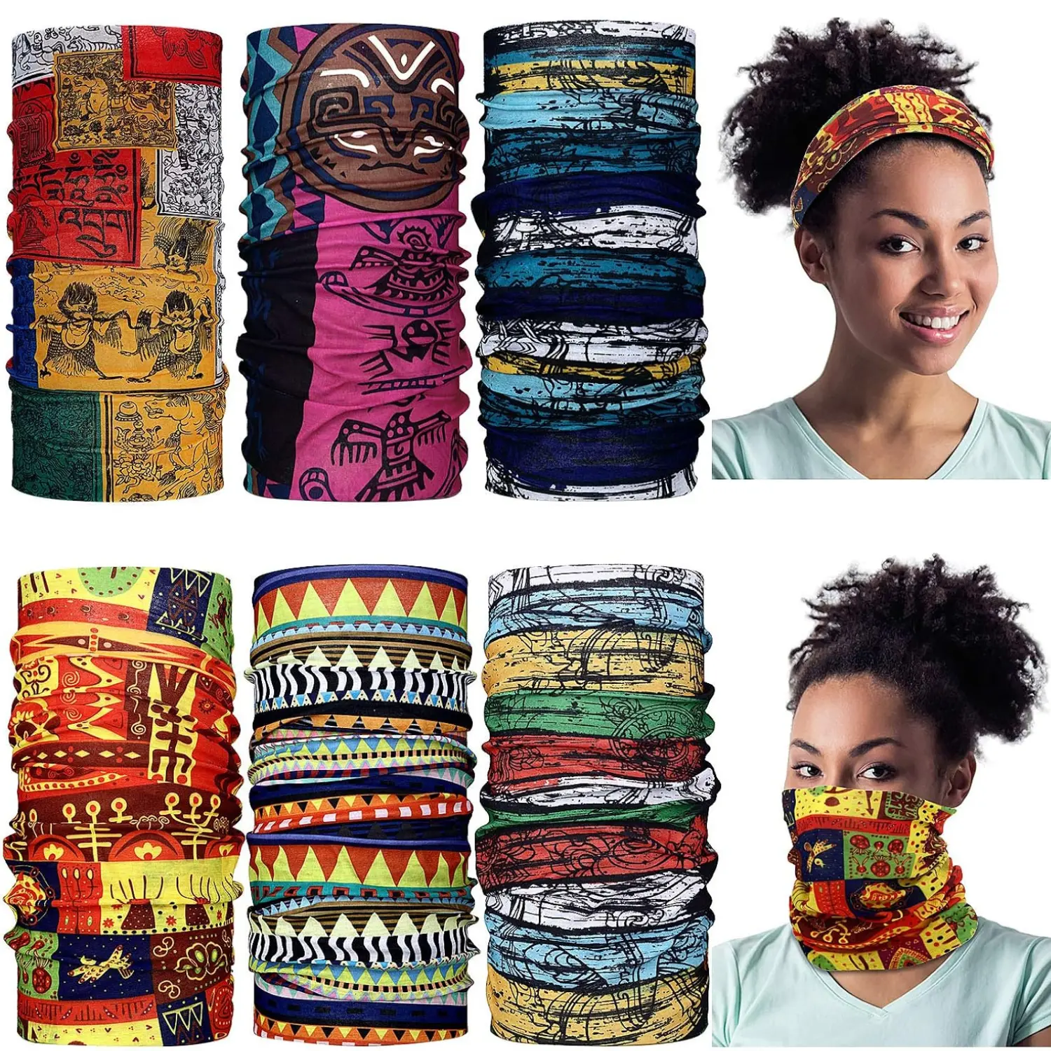 6 Pack African Print Neck Gaiter Face Cover 18.9 x 9.45 Inch Polyester Bandana Head Wrap Multi Use Tube Scarf for Outdoor Sports