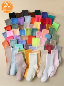 20 Pairs Women's New Multicolor Vertical Stripe Candy Color Trendy Mid-Calf Socks, Breathable Comfort Sweat-Wicking, Casual Everyday Wear