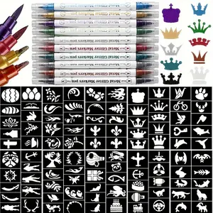 Temporary dual-tip glitter colored tattoo paint pen set, a set of 10 colored body painting pens + 10 unique design tattoo stencil kits, flexible pen tips, bright glitter colors, 10-color body paint markers, suitable for Halloween art parties, travel, carn