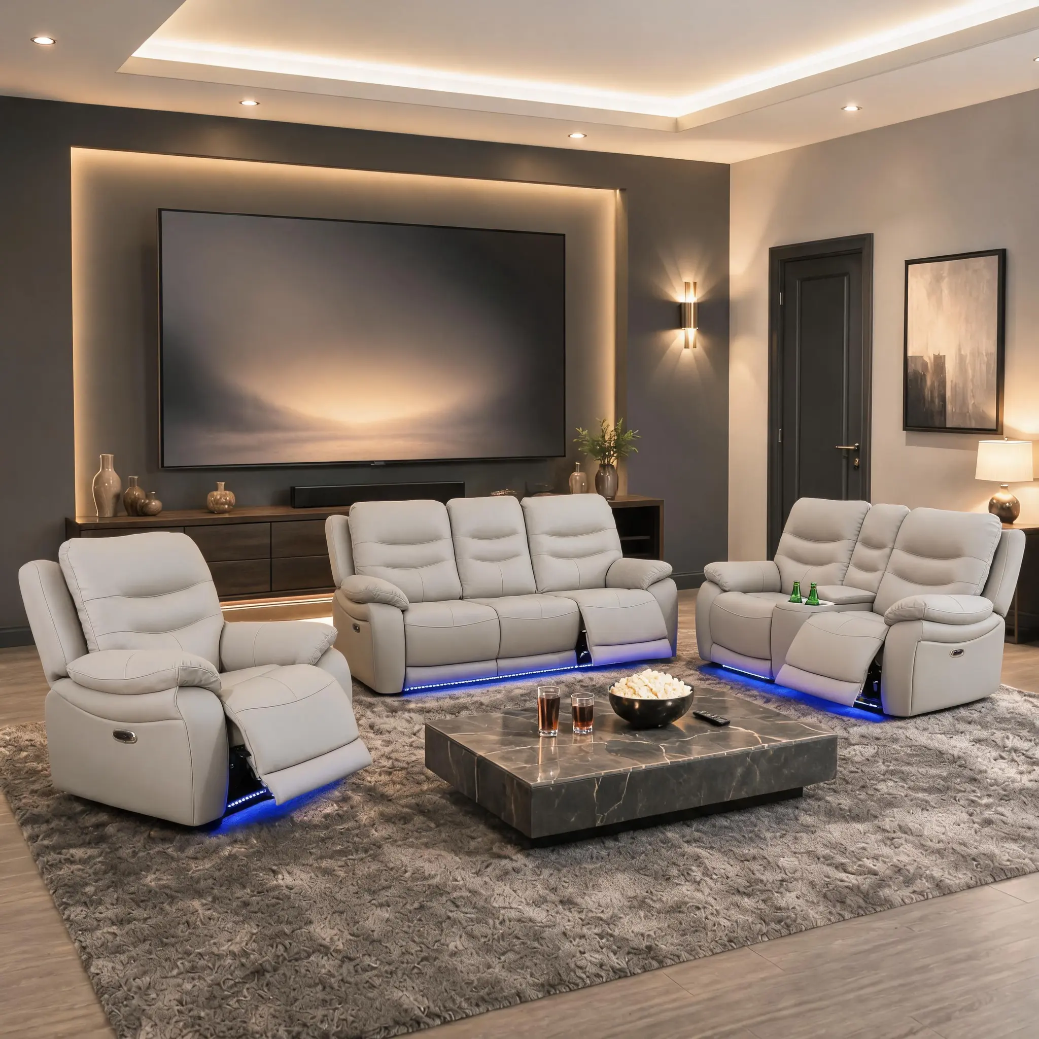 ainehome 3-Piece LED Light Grey Breathing Leather-PVC Living Room Recliner Sofa Set - Modern Design Furniture Davenport to Light Up Your Space Electric bedroom lounge