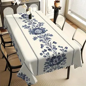 1pc Elegant Blue Floral Rectangular Tablecloth with Fan-Shaped Edges, Fabric, 120G/M² Thick Twill, Suitable for Home Dining Room, Living Room, Kitchen, Home Decor, Hotel Daily Use, Gift, Party Decoration