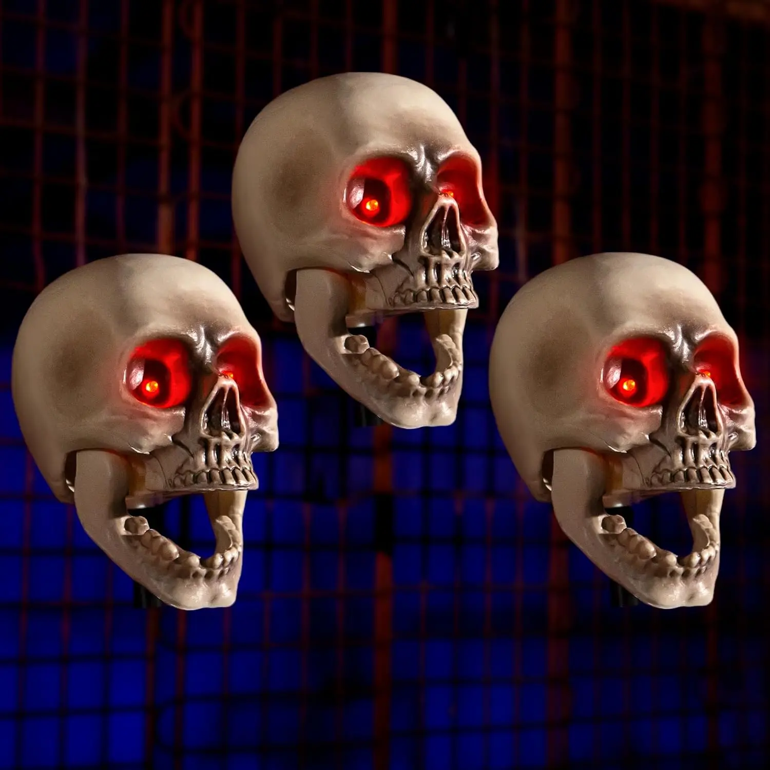 Halloween Animatronic Skull Decorations,Sound Activated Skeleton Heads with Sound, Light Up Eyes & Mouth Move,Creepy Spooky Skull,Animated Halloween Props for Lawn Yard Outdoor Party(3 Pack)