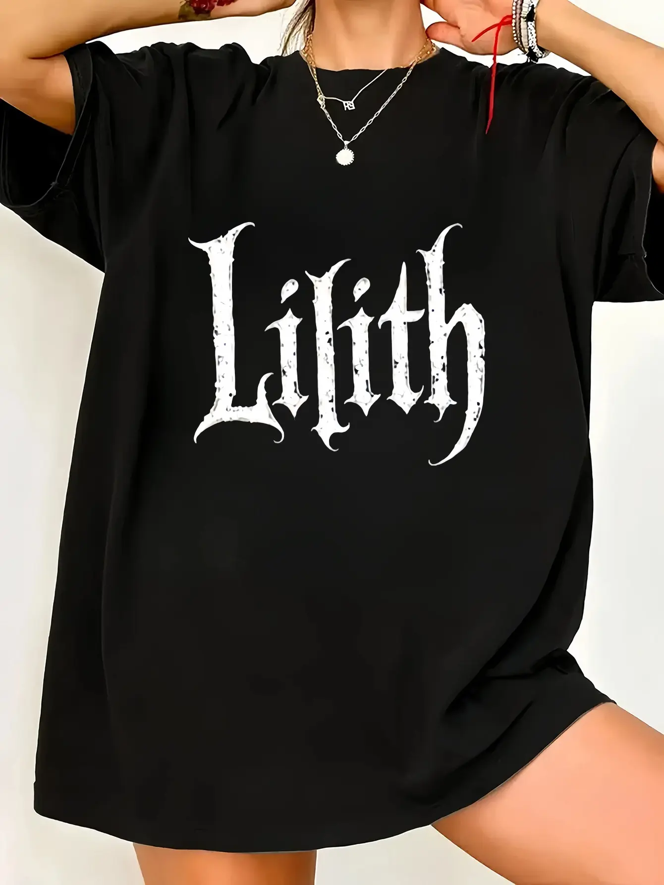 Plus Size, Women's Plus Size Gothic "Lilith" Print Oversized T-Shirt - Stretch Casual Round Neck Short Sleeve Blouse