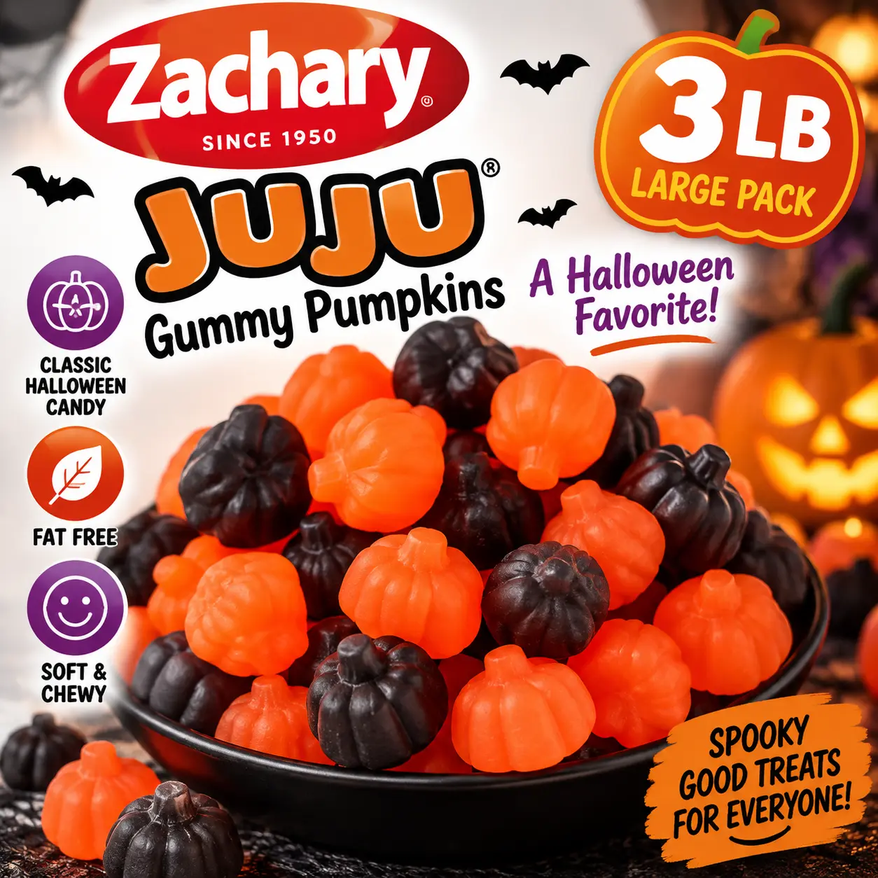 Zachary JUJU Gummy Pumpkins Halloween Black and Orange Candy 3 lb Bulk Bag Gummy Treats