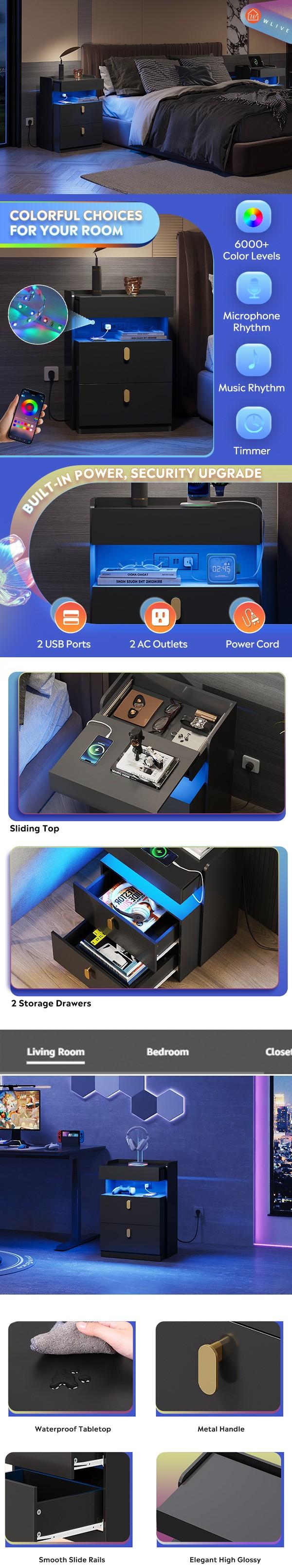 WLIVE LED Nighstand with Charging Station, Night Stand with Sliding Top and 2 Drawers, Modern Bedside Table End Tables with Hidden Space for Bedroom, Living Room